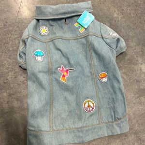 Dog Jean jacket with mushroom, rainbow, peace sign patches size XL